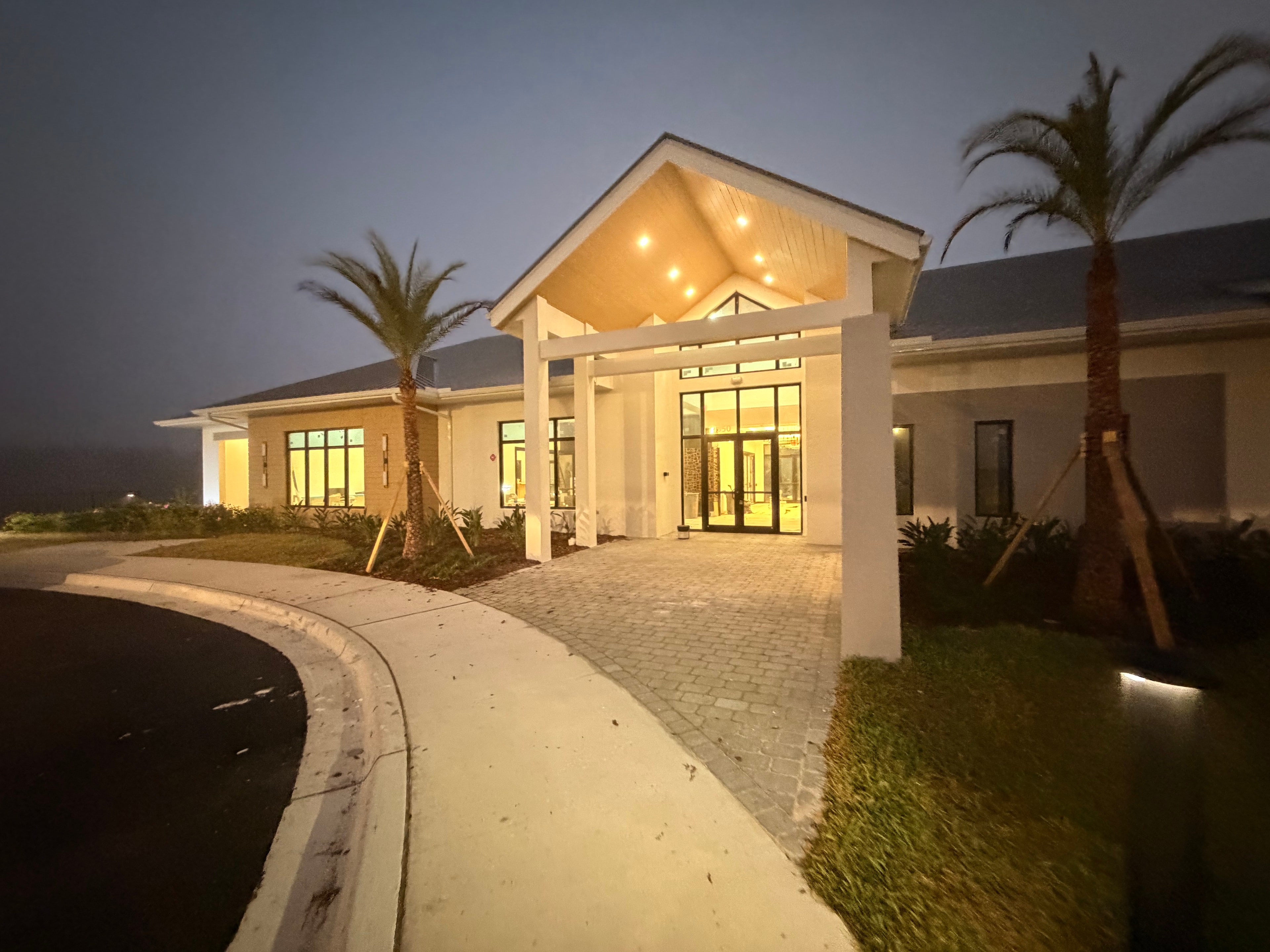 Residential building exterior at dusk