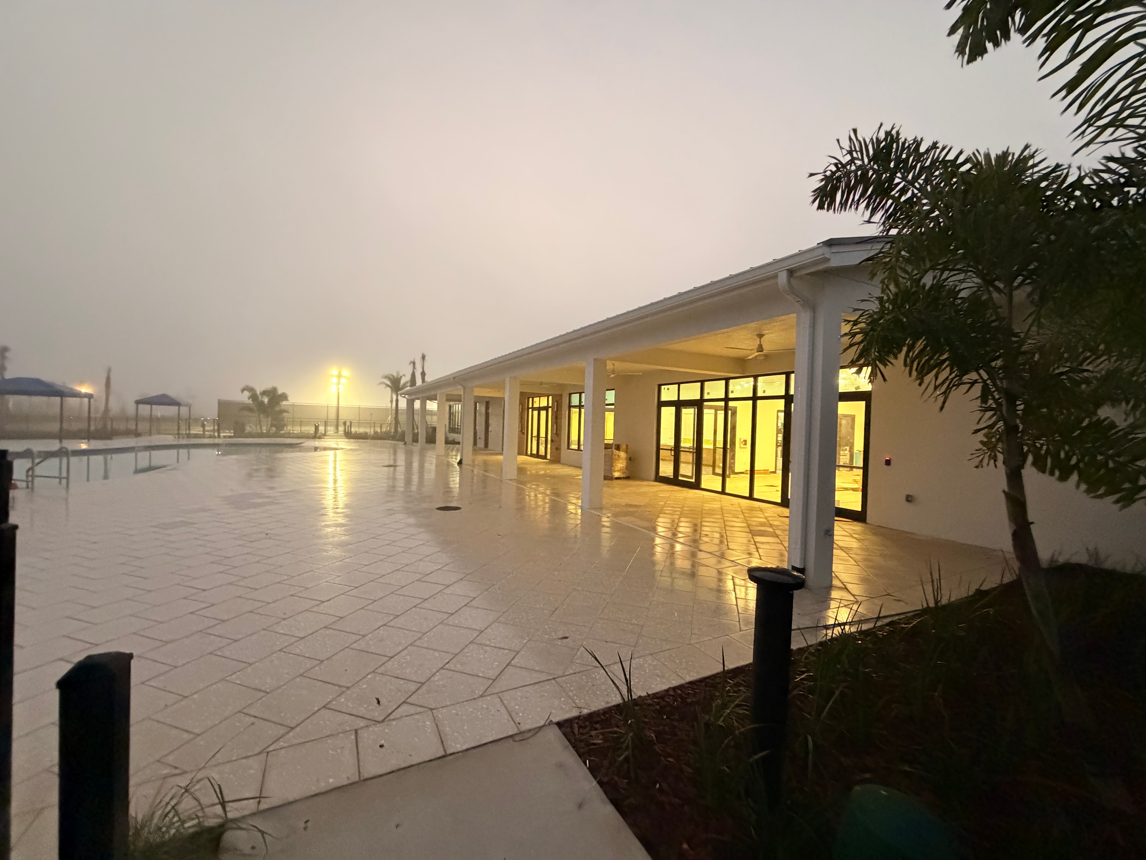 Commercial building exterior illuminated at night