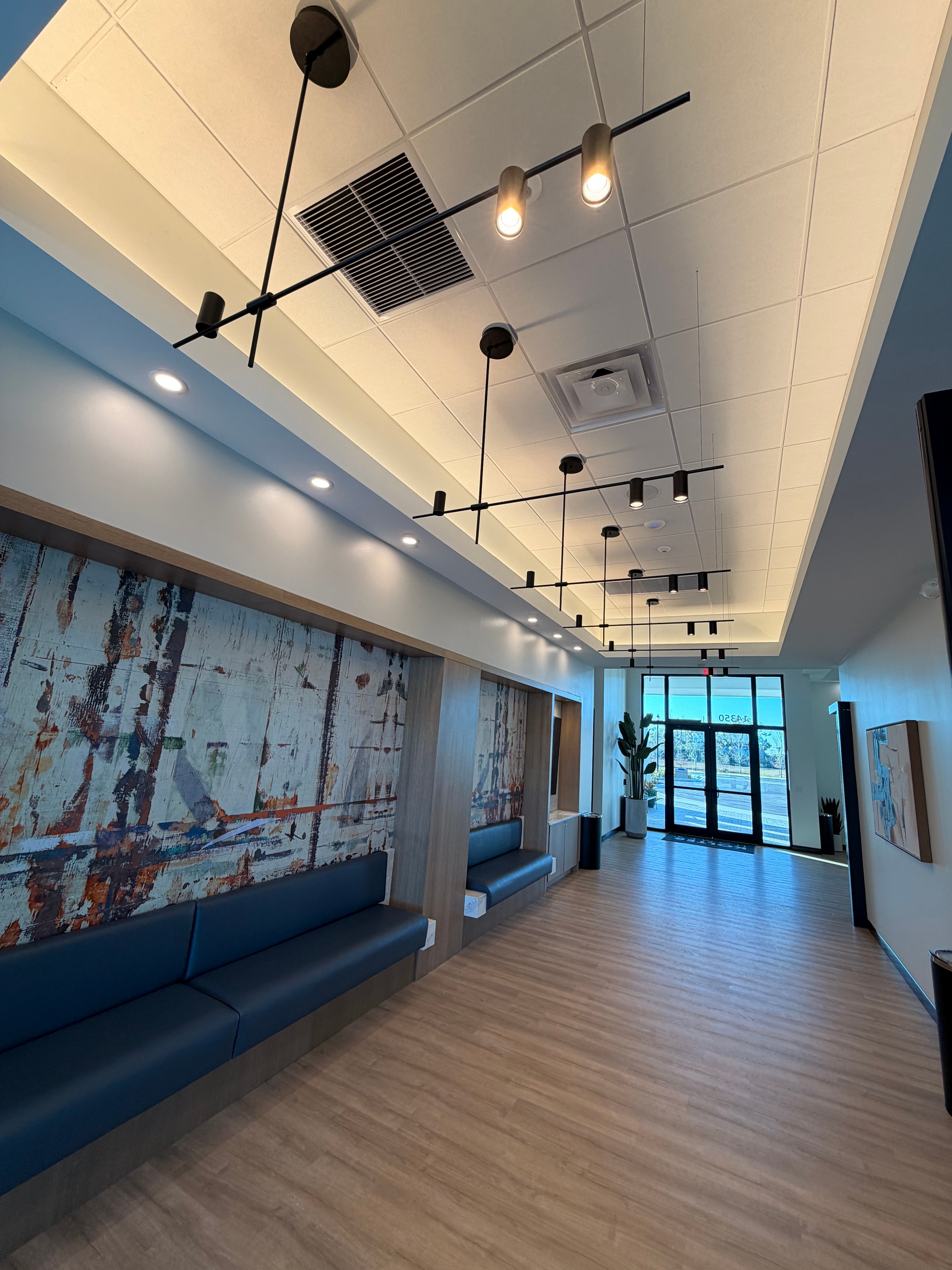 Commercial lobby with custom pendant lighting installation