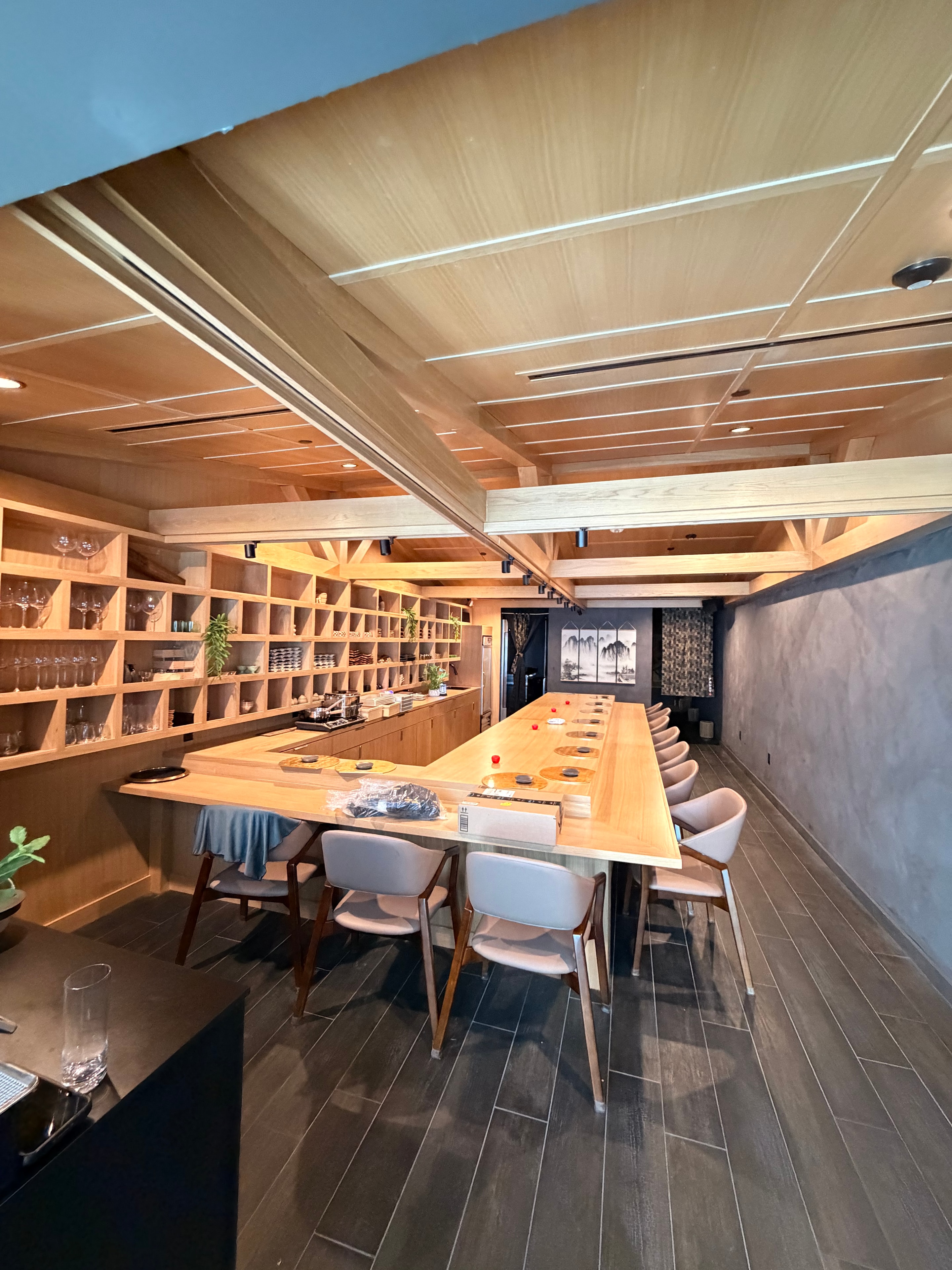 Restaurant bar interior overhead view with warm lighting